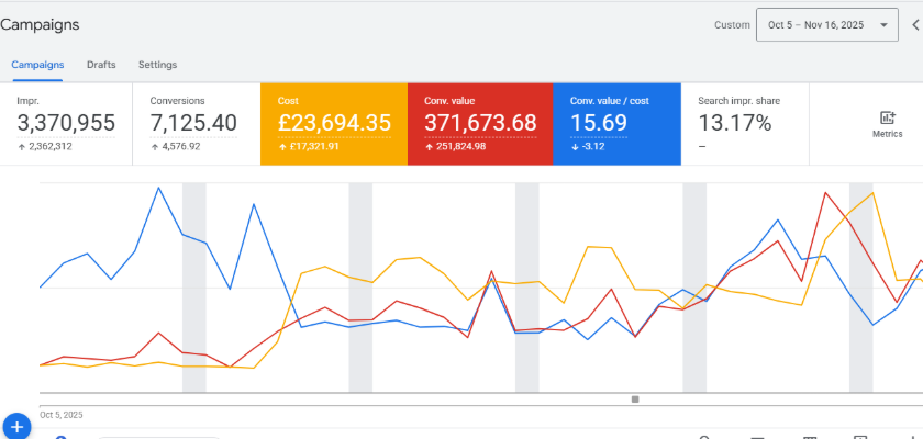 Google Ads — £371,673 conversion value at 15.69 ROAS