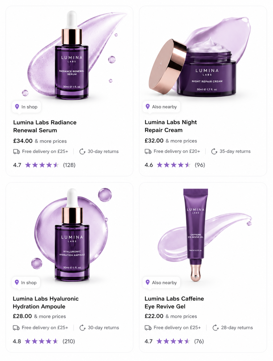 Google Shopping grid — Lumina Labs product range