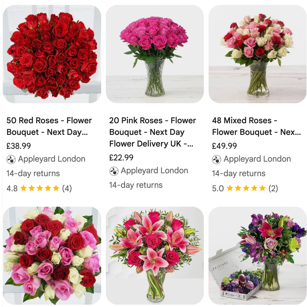 Google Shopping grid — Appleyard London flower bouquets